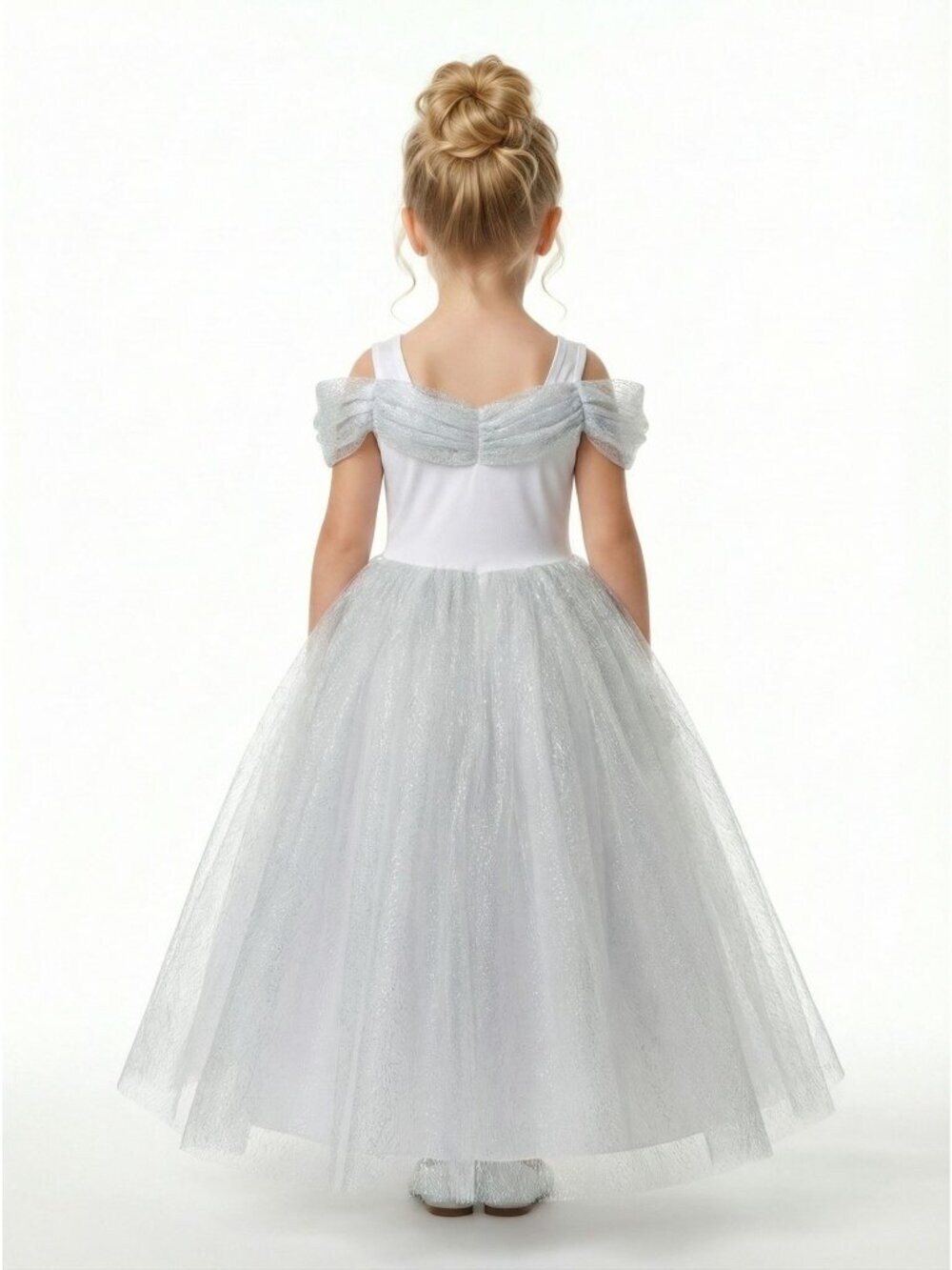 Girls Cinderella Princess Costume Dress White Silver Glitter Tulle Birthday Part - Picture 2 of 2
